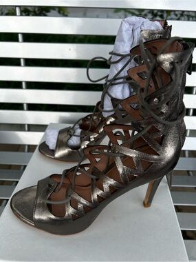 Joie new Metallic Lace-Up Cutout High Heel Sandals - Gunmetal (gray/bronze)